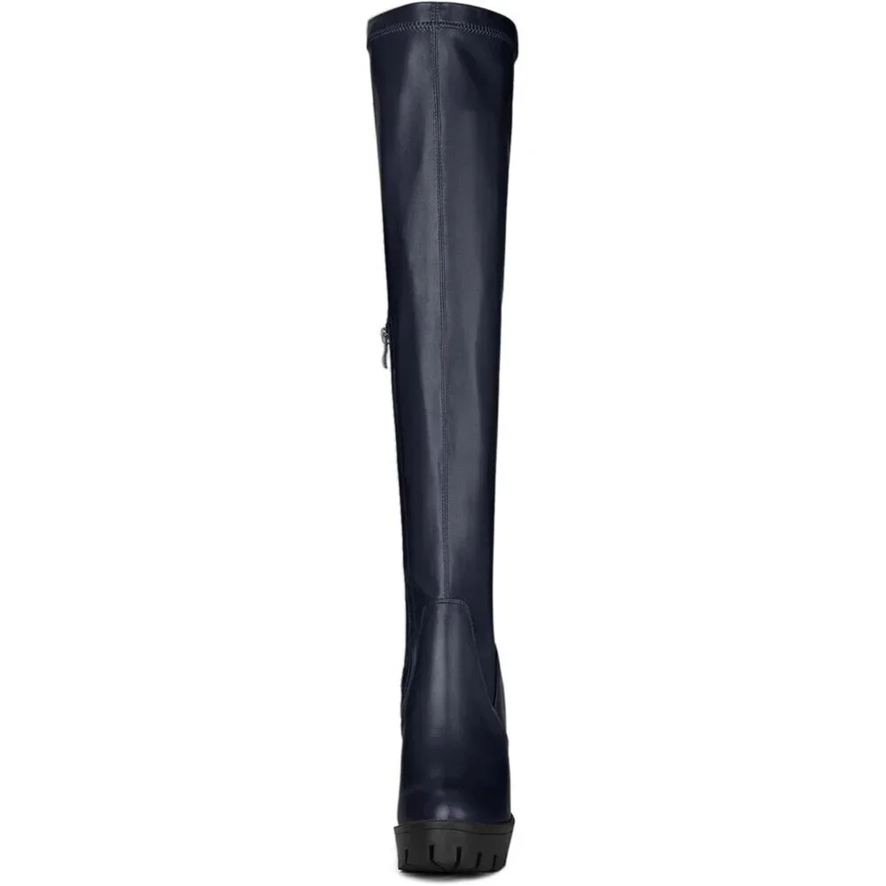Women's Navy Blue Platform Boots Chunky Heel Over Knee High Rounded Toe Boots
